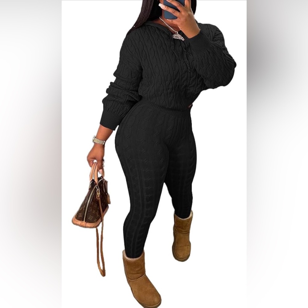 Black Cable Knit Women's Pants Set